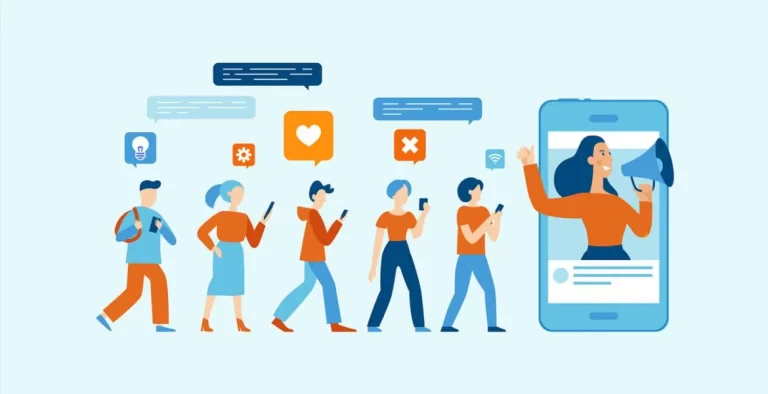 Ilustración de personas interactuando en redes sociales mientras una creadora comunica su marca personal desde un teléfono gigante.