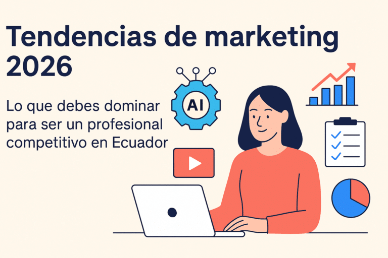 Portada con ilustraciones sobre las tendencias de marketing 2026, incluyendo IA, análisis de datos, video marketing y crecimiento digital.