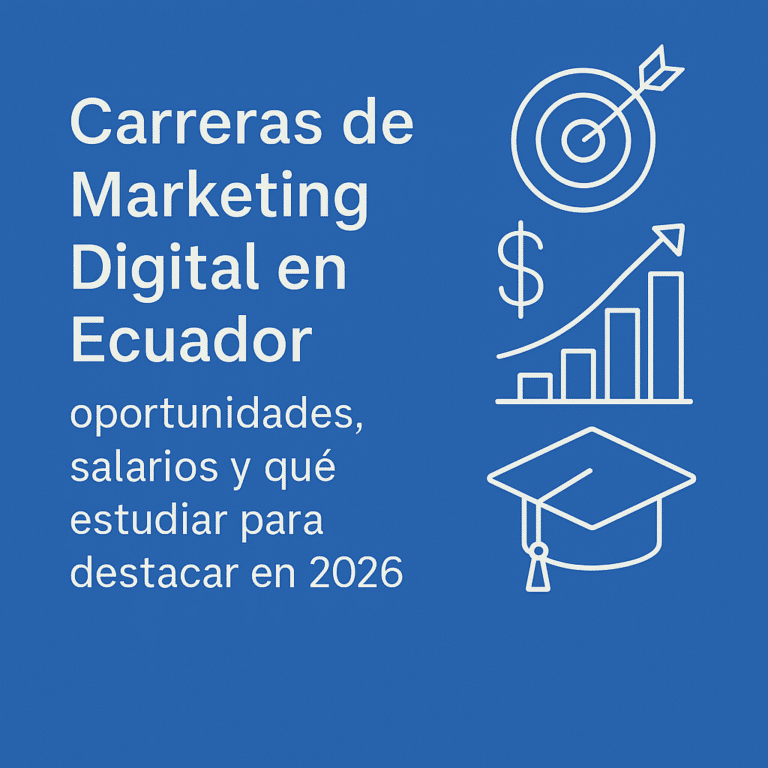 Ilustración sobre carreras de marketing digital en Ecuador con iconos de crecimiento, salarios y educación para 2026.