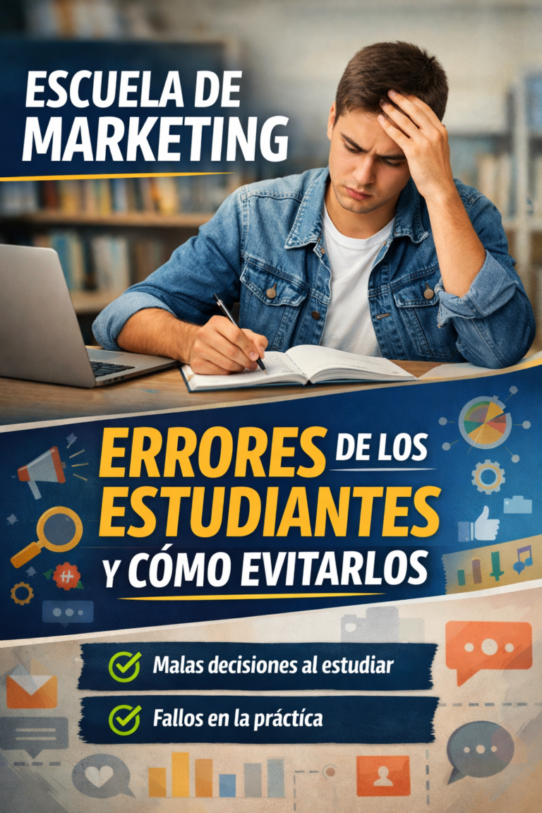 Estudiante confundido cometiendo errores al elegir una Escuela de Marketing y cómo evitarlos durante su formación profesional.