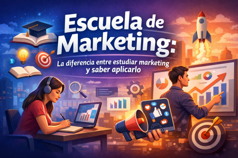 Escuela de Marketing que muestra la diferencia entre estudiar marketing y saber aplicarlo mediante formación práctica y estrategias digitales reales.