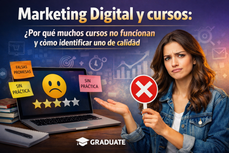 Persona analizando cursos de marketing digital frente a una laptop, mostrando errores comunes como falta de práctica y falsas promesas al elegir formación en marketing digital.