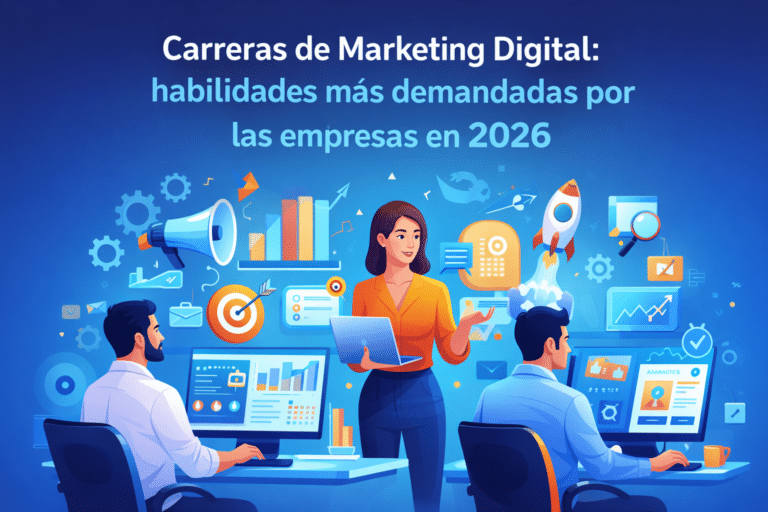 Ilustración de profesionales trabajando en marketing digital con gráficos, métricas, tecnología y estrategia, representando las habilidades más demandadas en las carreras de marketing digital en 2026.