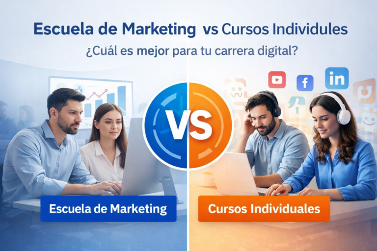 Comparación visual entre una Escuela de Marketing y cursos individuales, mostrando estudiantes en formación estructurada frente a aprendizaje autónomo para una carrera digital.